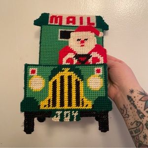 Vintage Santa Car Mail Christmas Card Holder Needlepoint
